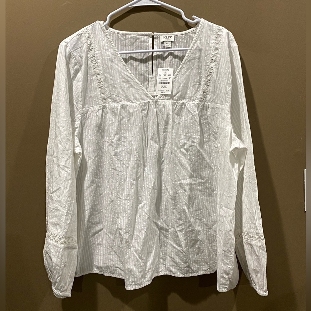 J. Crew Cottage core White Blouse Peek a boo embroider long sleeve women’s XL -E